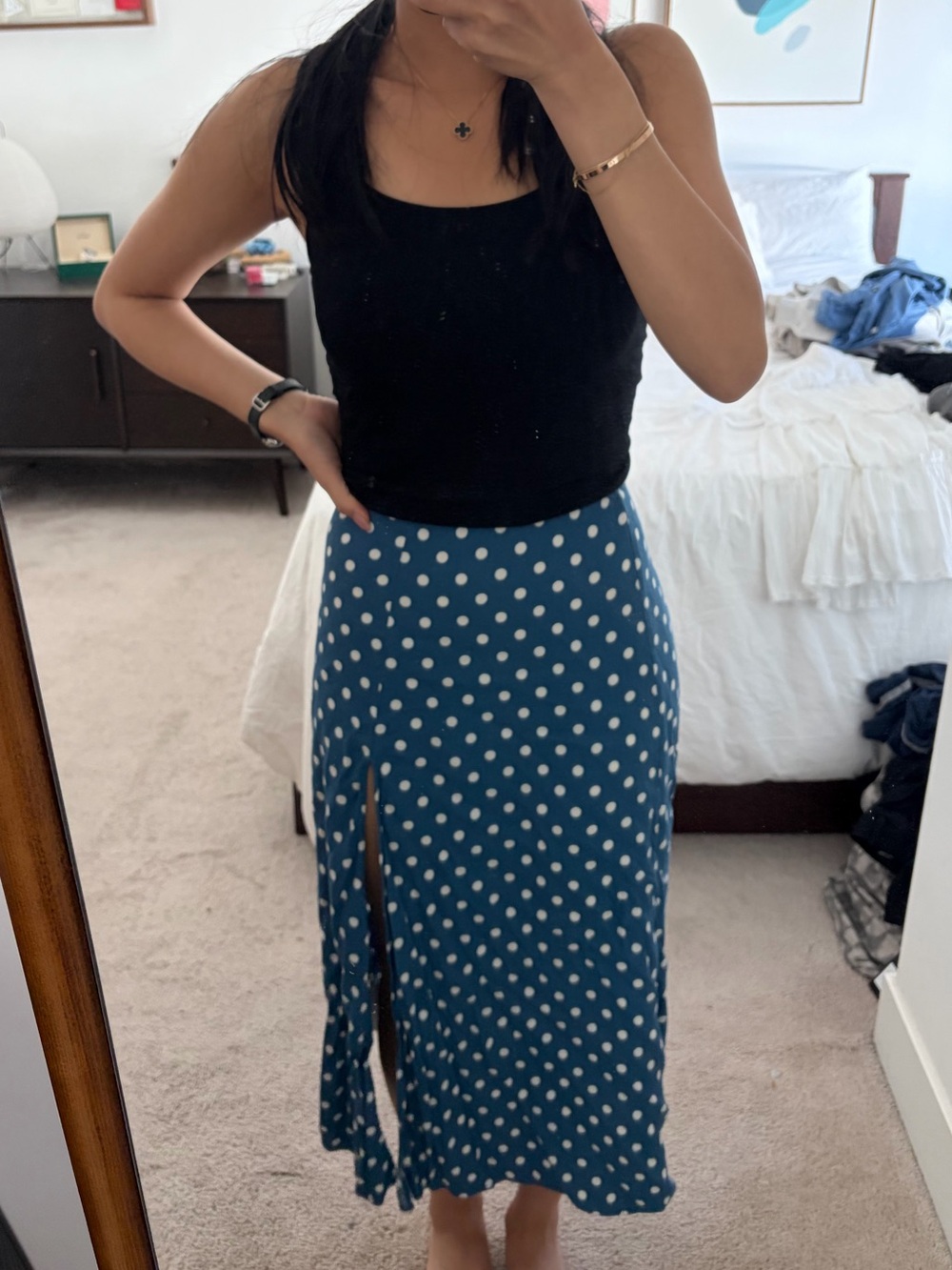 Reformation Blue Polka Dot Midi Skirt with Side Slit
